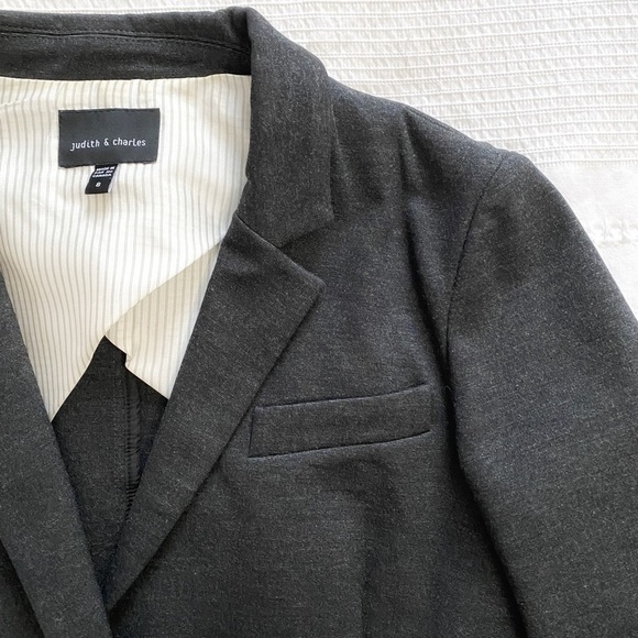 JUDITH & CHARLES DARK GREY CHAMBRAY NOTCHED LAPEL BUTTON FRONT BLAZER JACKET - 8 - Picture 7 of 10